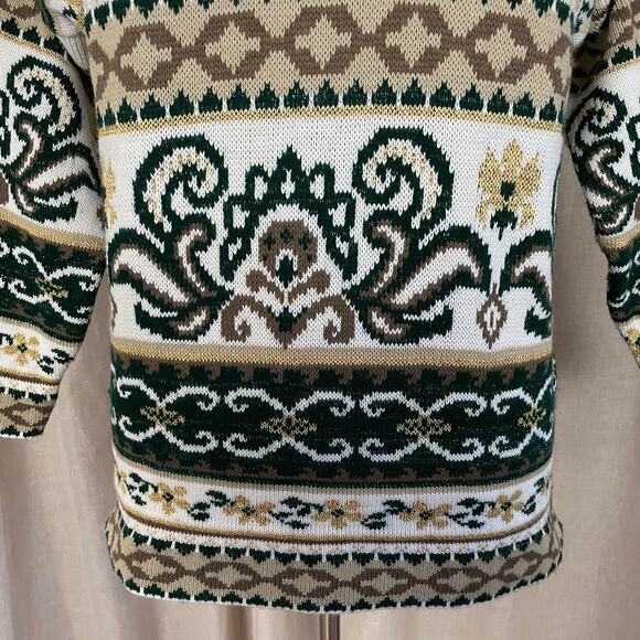 Vintage Sweater Womens Size Large White Green Brocade Mock Neck Knit 80s 90s - Picture 3 of 11